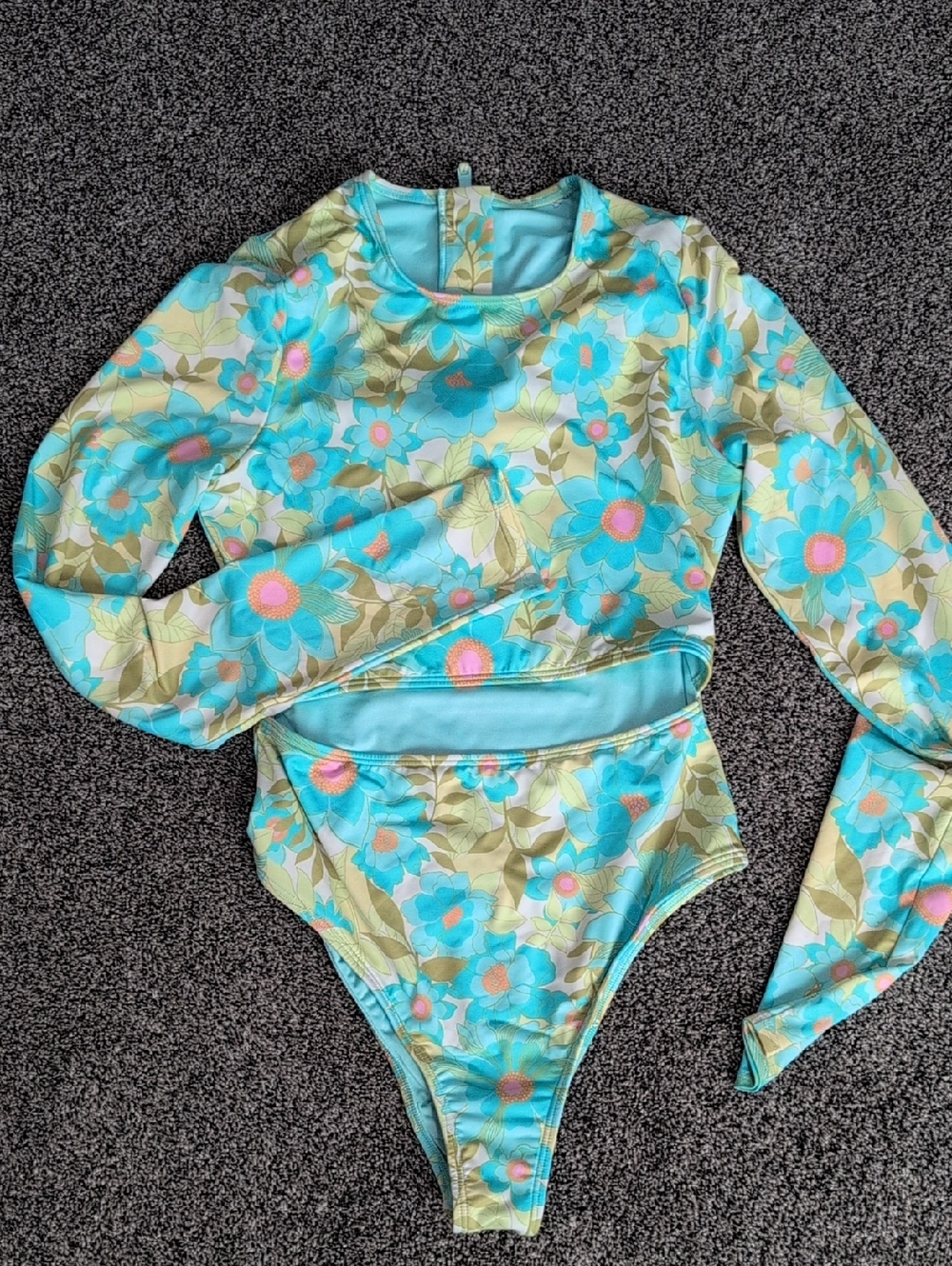 Billabong Turquoise Floral Long Sleeve One-Piece Swimsuit With Cutout Size Small